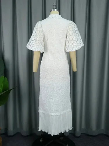 White Lace Dresses for Women Wedding Guests Elegant Turn Down Collar Puff Sleeves Pleated Hem Midi Dress Luxury Occasion Clothes