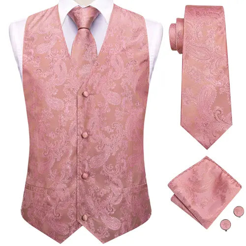 Hi-Tie Silk Mens Suit Vests 4PC Woven Floral Black Waistcoat Tie Pocket Square Cufflink Business Wedding Dress Waist Jacket