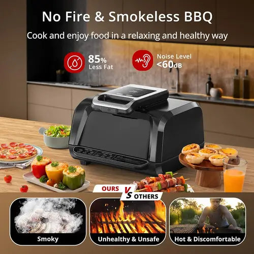 Indoor Grill Air Fryer/Griddle Combo With See Through Window, 4Qt  7-in-1 Smart Smokeless Electric Grill, Versatile Efficient