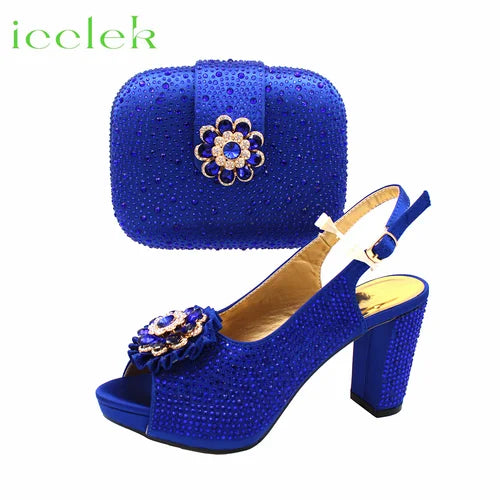 Newest Royal Blue Flower Design Elegant Design High Heel Ladies Sandal with Bag Set For Wedding Party Dress