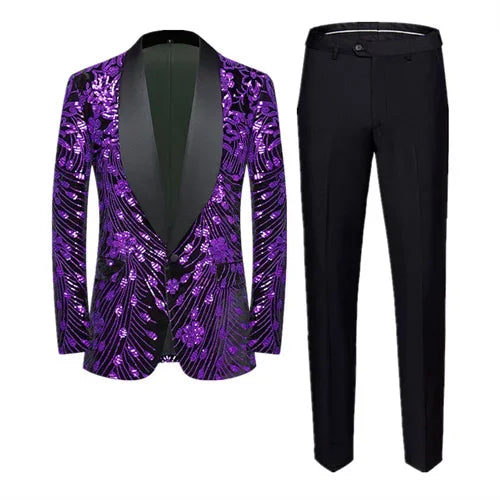 ( Jacket   Pant ) Fashion Men Luxurious Sequin Suit Green / Blue / Golden Male Wedding Dance Party Stage Performance Dress Sets