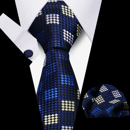 Luxurious Brand Designer Ties For Men Polyester Checkered Stripe Cufflinks Handkerchief Office Wedding Accessories Necktie Set