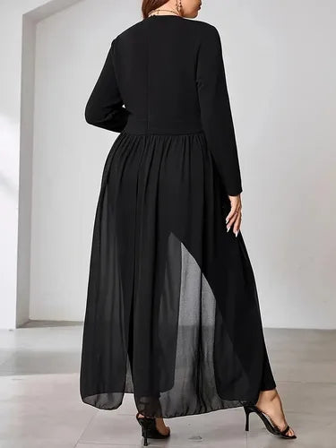 GIBSIE Plus Size Black Elegant V-neck Long Sleeve Jumpsuits Women Spring Fashion Party High Waist Slim Office Ladies Jumpsuit