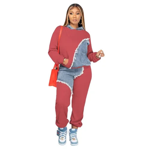 Women Denim Splicing Pocket Design Hoodie Top & Loose Pants Two Piece Set Fashion Streetwear Female Clothing Suit Tracksuit