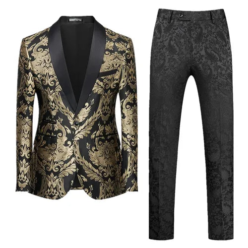 New Men Jacquard Suit 2 Piece Black / Blue / Red Fashion Male Luxury Business Wedding Prom Party Dress Blazer Jacket and Pants