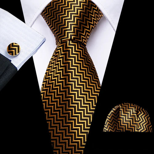 Barry.Wang Gold Silk Mens Tie Hanky Cufflinks Set Yellow Beige Orange Luxury Jacquard Necktie For Male Wedding Business Party