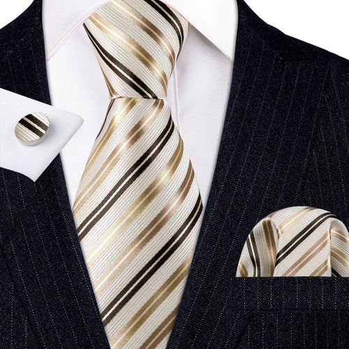 Barry.Wang Gold Silk Mens Tie Hanky Cufflinks Set Yellow Beige Orange Luxury Jacquard Necktie For Male Wedding Business Party