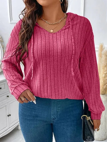 GIBSIE Plus Size Womens Tshirts Drawstring Hooded Long Sleeve Tops Tee Solid Ribbed Knit Casual T Shirts Fall Clothes 2023