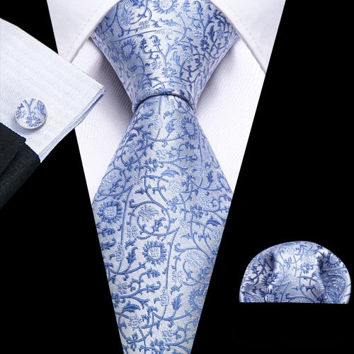 Barry.Wang Blue Silk Mens Tie Hanky Cufflinks Set Navy Royal Sky Peacock Lake Blue Necktie For Male Wedding Business Party Event