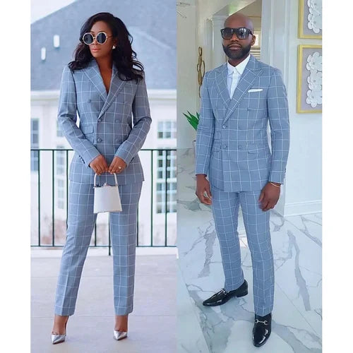 Blue Suits for Couple Plaid Pattern Double Breasted Peaked Lapel Costume Tailor Elegant Clothing Hombres 2 Piece (Jacket Pants)