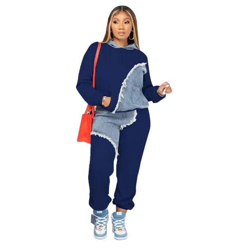 Women Denim Splicing Pocket Design Hoodie Top & Loose Pants Two Piece Set Fashion Streetwear Female Clothing Suit Tracksuit