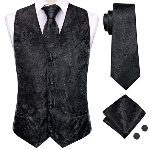 Hi-Tie Silk Mens Suit Vests 4PC Woven Floral Black Waistcoat Tie Pocket Square Cufflink Business Wedding Dress Waist Jacket