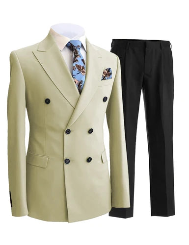 2 Pieces Gentleman Double Breasted Peak Lapel Blazer Mens Suit with Pants Formal White Beige  Jacket For Wedding Groom Tuxedos