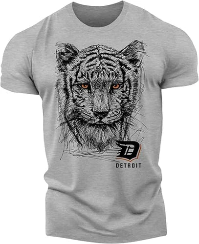 Men's Fitness T-shirt Street Retro Muscle Men Detroit Lion Animal Print T-shirt Gym Outdoor Sports  Short Sleeve T-shirt