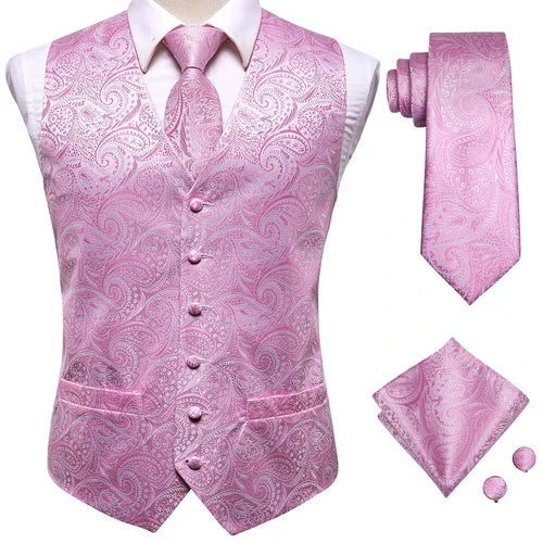 Hi-Tie Silk Mens Suit Vests 4PC Woven Floral Black Waistcoat Tie Pocket Square Cufflink Business Wedding Dress Waist Jacket