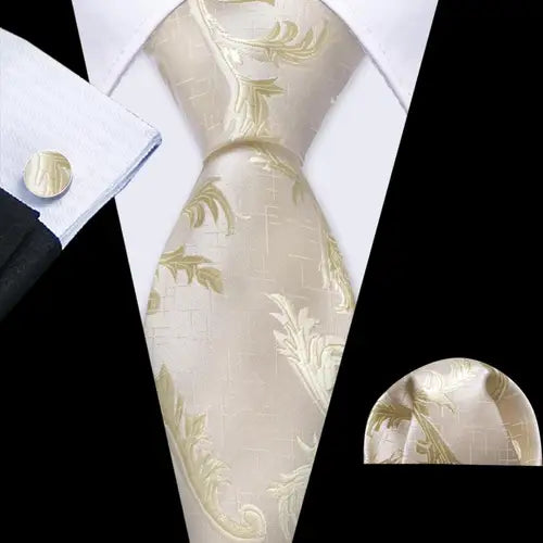 Barry.Wang Gold Beige Yellow Brown Tulip Silk Men Tie Handkerchief Cufflink Set Jacquard Necktie for Male Wedding Business Party