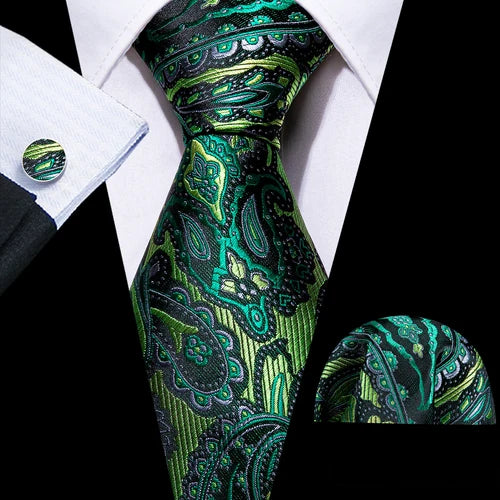 Barry.Wang Floral Silk Men Tie Hankerchief Cufflinks Set Pink Green Purple Red Gold Novelty Spray Necktie for Male Wedding Party