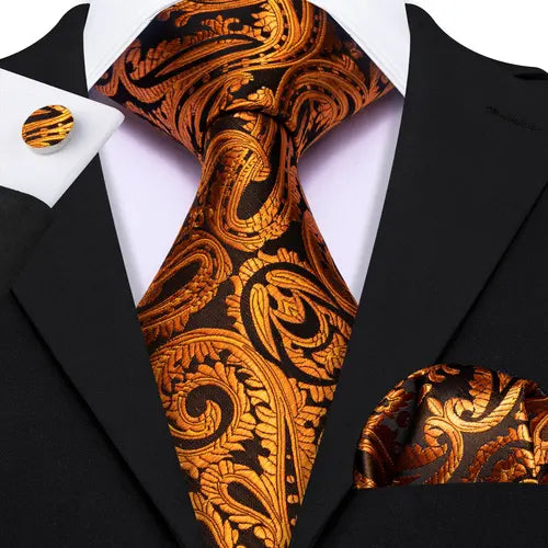 Barry.Wang Gold Silk Mens Tie Hanky Cufflinks Set Yellow Beige Orange Luxury Jacquard Necktie For Male Wedding Business Party