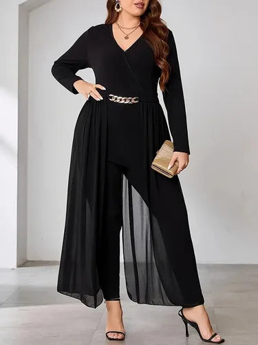 GIBSIE Plus Size Black Elegant V-neck Long Sleeve Jumpsuits Women Spring Fashion Party High Waist Slim Office Ladies Jumpsuit