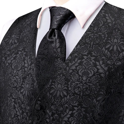 Hi-Tie Silk Mens Suit Vests 4PC Woven Floral Black Waistcoat Tie Pocket Square Cufflink Business Wedding Dress Waist Jacket