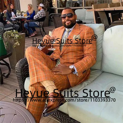 Large Size Orange Plaid Fashion Men Suits Custome Peak Lapel Groom Formal Tuxedos 2 Pcs Sets Business Male Blazer chaleco hombre