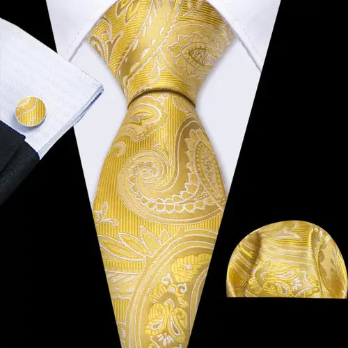 Barry.Wang Gold Beige Yellow Brown Tulip Silk Men Tie Handkerchief Cufflink Set Jacquard Necktie for Male Wedding Business Party