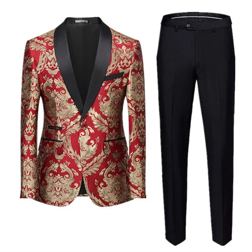 New Men Jacquard Suit 2 Piece Black / Blue / Red Fashion Male Luxury Business Wedding Prom Party Dress Blazer Jacket and Pants