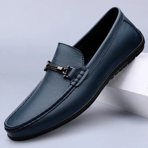 Metal Buckle Blue Loafers Genuine Leather Mens Slip on Shoes Comfortable Men Casual Shoes Male Driving Footwear Breathable Mens