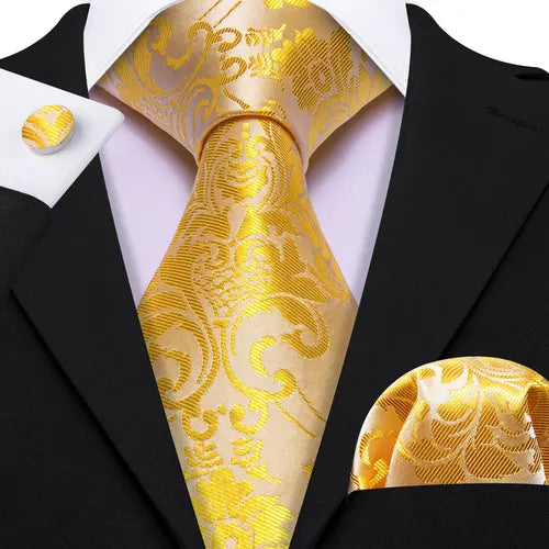 Barry.Wang Gold Silk Mens Tie Hanky Cufflinks Set Yellow Beige Orange Luxury Jacquard Necktie For Male Wedding Business Party