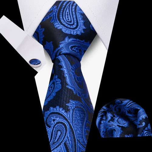 Luxurious Brand Designer Ties For Men Polyester Checkered Stripe Cufflinks Handkerchief Office Wedding Accessories Necktie Set