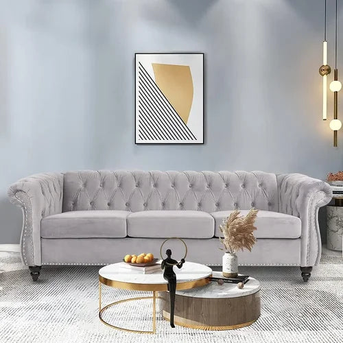 3 Seater Sofa, Mid-Century Modern Sofa Couch, 81.8" Chesterfield Velvet Upholstered Sofa with PU Armrest