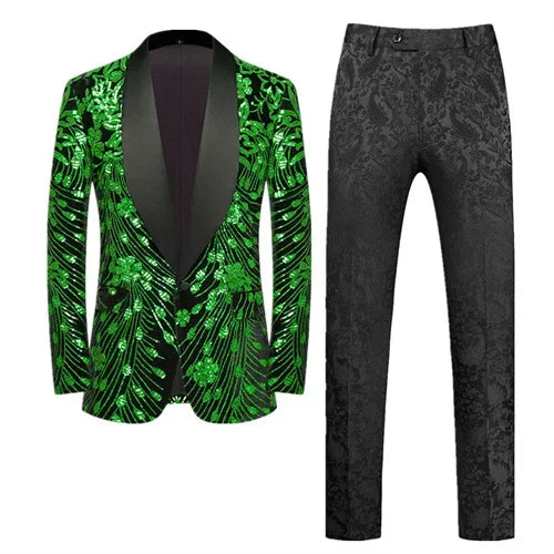 ( Jacket   Pant ) Fashion Men Luxurious Sequin Suit Green / Blue / Golden Male Wedding Dance Party Stage Performance Dress Sets