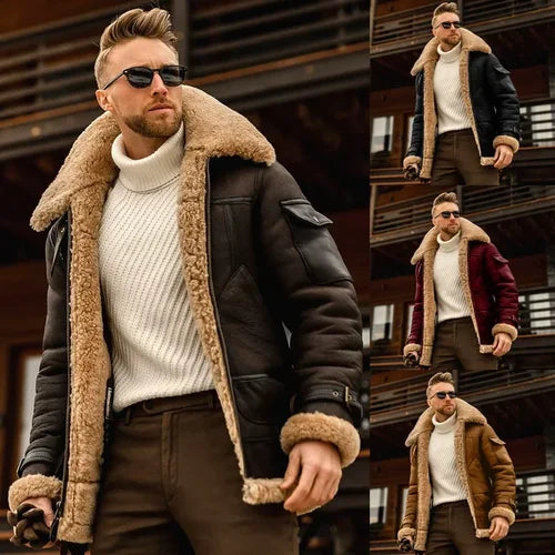 Leather Fur Integrated Men's Jacket Thickened Medium Length Jacket Autumn Winter Casual Fashion Outdoor Vintage Zippered Pocket