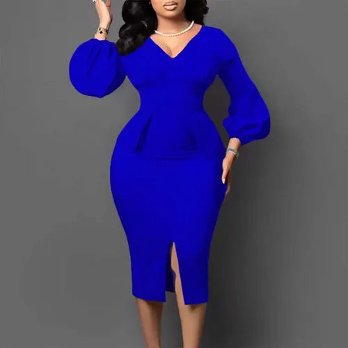 Elegant Office Dress for Women Professional V Neck Full Sleeve Sheath Package Hips Mid Calf Formal Business Work Wear Dress Midi