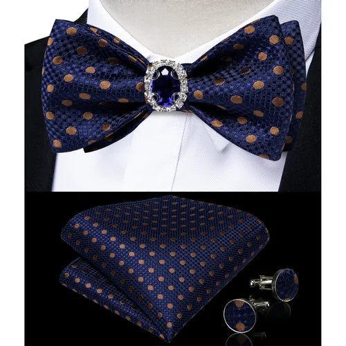 Classic Royal Blue Paisley Bowtie Handkerchief Cufflinks Ring Brooch Set for Man Tuxedo Business Party Wedding Fashion Bow Ties