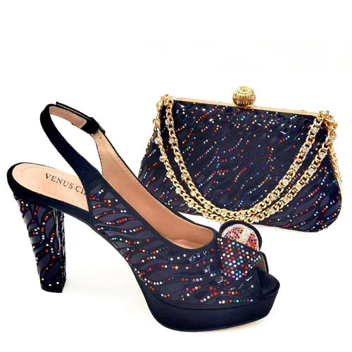 Venus Chan 2024 New Nigerian Style Rhinestone Women Heel Sandals for ladies Fashion Shoes And Bags Set For Women Wedding Party