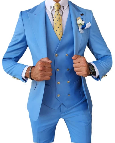 Men Suits 3 Pieces Slim Fit Business Suits Groom Blue Noble Grey White Tuxedos for Formal Wedding suit(Blazer Pants Vest)