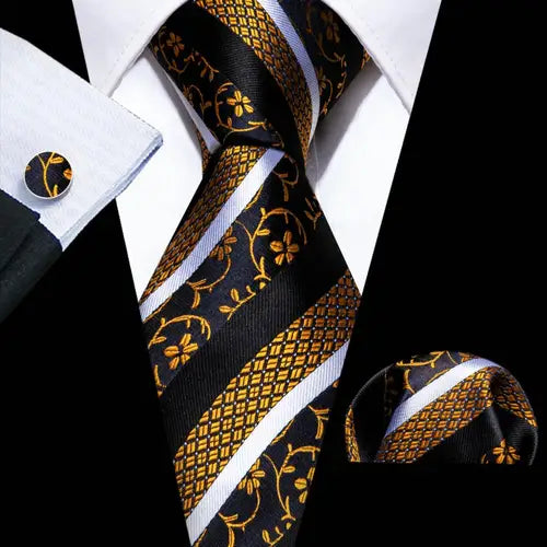 Barry.Wang Gold Beige Yellow Brown Tulip Silk Men Tie Handkerchief Cufflink Set Jacquard Necktie for Male Wedding Business Party