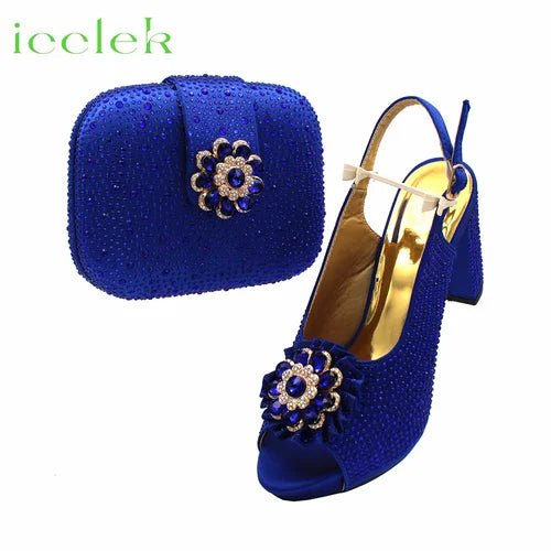 Newest Royal Blue Flower Design Elegant Design High Heel Ladies Sandal with Bag Set For Wedding Party Dress