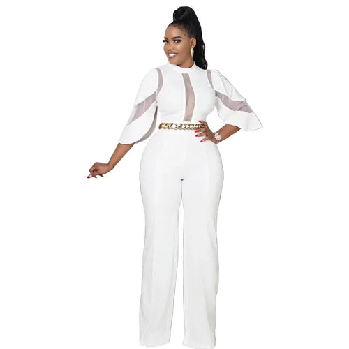 CM.YAYA Elegant Women Mesh Patchwork Irregular Sleeve High Waist Straight Jumpsuit Party INS Overall Wide Leg Straight Playsuit