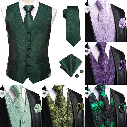 Dark Green Silk Men Vest Tie Elegant Solid Dress Sleeveless Jacket 4PC Hanky Cufflink Paisley Suit Waistcoat Wedding Gift Hi-Tie