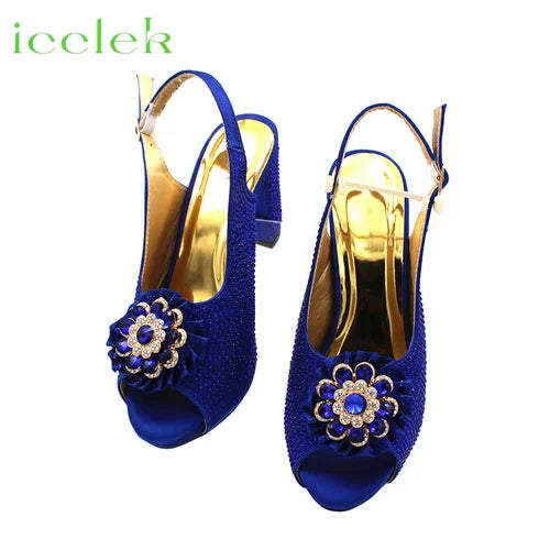 Newest Royal Blue Flower Design Elegant Design High Heel Ladies Sandal with Bag Set For Wedding Party Dress