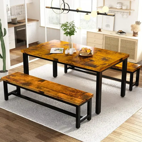 Restaurant dining table set, kitchen set with 2 benches 43.3x23.6x28.5 inches, bench 38.5x11.8x17.5 industrial brown