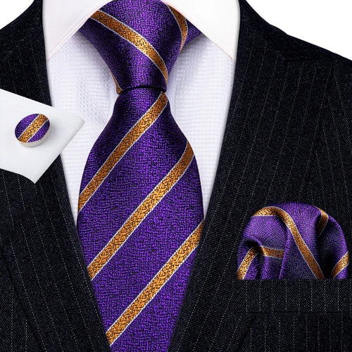 Silk Mens Tie Hanky Cufflinks Set Jacquard Solid Check Striped Purple Teal Gold Black Neckties for Wedding Business Barry Wang