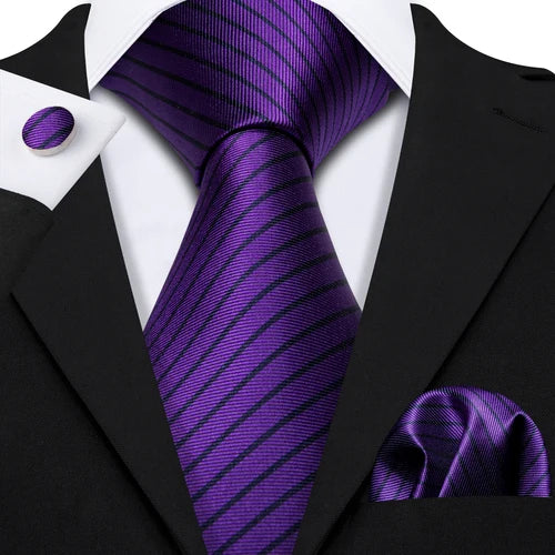 Silk Mens Tie Hanky Cufflinks Set Jacquard Solid Check Striped Purple Teal Gold Black Neckties for Wedding Business Barry Wang