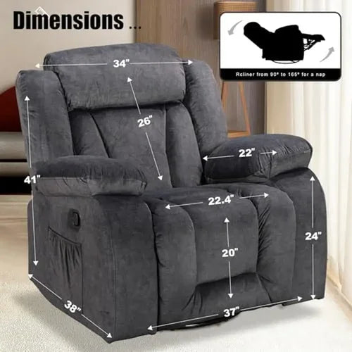 Adults Manual Reclining Sofa Chair Oversized Living Room Comfy Home Theater Seating Black Recliner Swivel 360° Glide Function