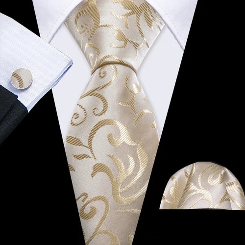 Barry.Wang Gold Beige Yellow Brown Tulip Silk Men Tie Handkerchief Cufflink Set Jacquard Necktie for Male Wedding Business Party