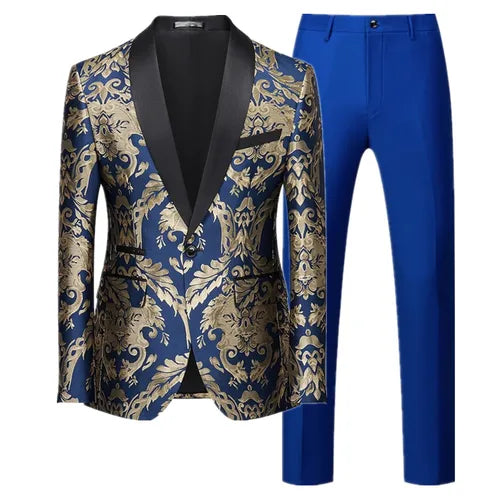 New Men Jacquard Suit 2 Piece Black / Blue / Red Fashion Male Luxury Business Wedding Prom Party Dress Blazer Jacket and Pants