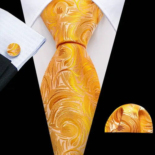 Barry.Wang Gold Silk Mens Tie Hanky Cufflinks Set Yellow Beige Orange Luxury Jacquard Necktie For Male Wedding Business Party