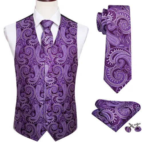 Designer Vest for Men Purple Embroidered Silk Waistcoat Tie Pocket Square Set Wedding Formal Male Suit Party Barry Wang